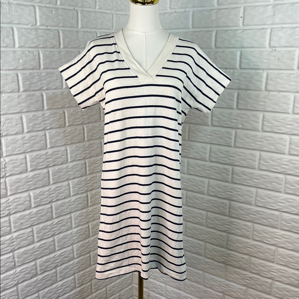MADEWELL T SHIRT DRESS CREAM WITH NAVY BLUE STRIPES 100% COTTON V NECK SZ XS